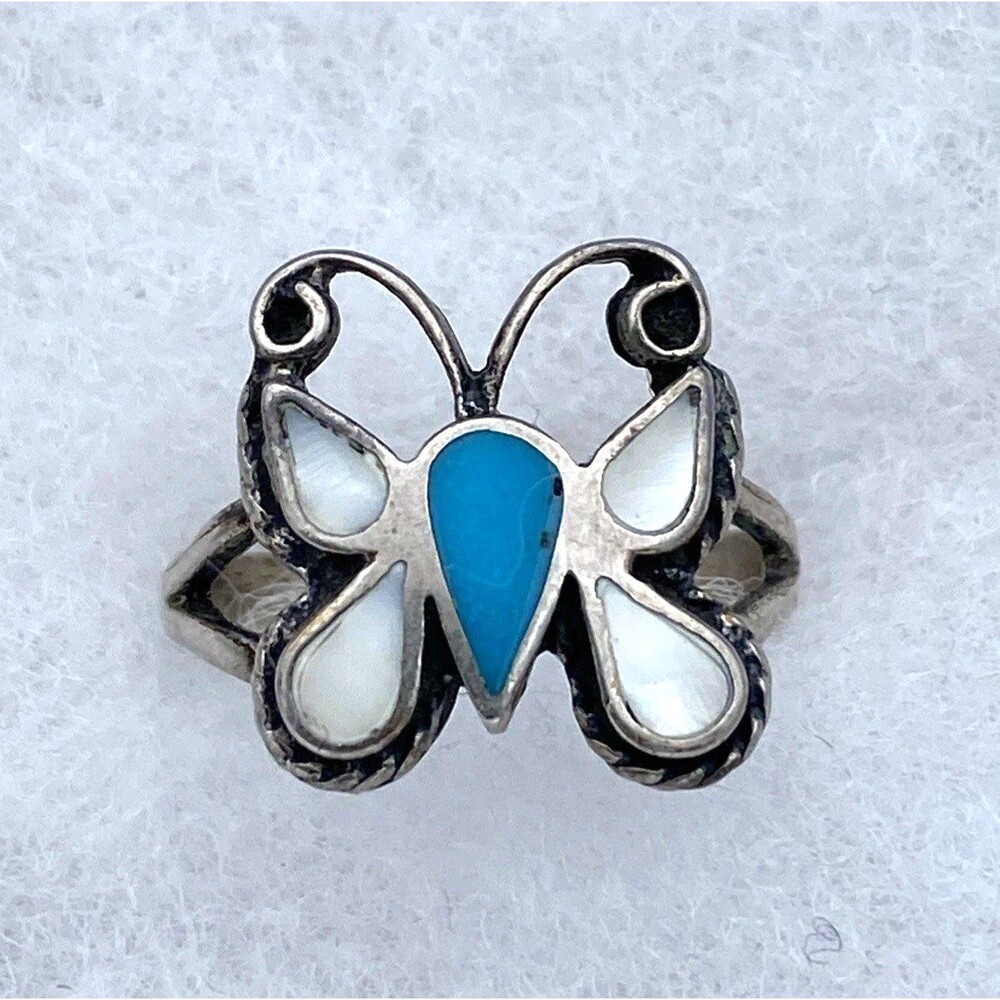 Vintage Sterling Silver Turquoise & Mother of Pearl Butterfly Ring Size 8